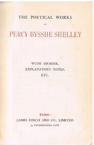 Book - ALEC H CHISHOLM COLLECTION: BOOK ''WORKS OF SHELLEY''