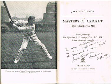 Book - ALEC H CHISHOLM COLLECTION: BOOK ''MASTERS OF CRICKET'' BY JACK FINGLETON