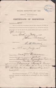 Document - CERTIFICATE OF INSPECTION : BOILER : BENDIGO BUTTER FACTORY : 6  JULY 1908, 7th July, 1908