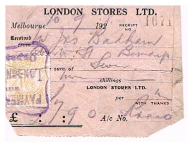 Document - BADHAM COLLECTION: LONDON STORES RECEIPT DATED 10.9.1928, 10/09/1928