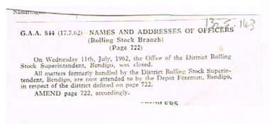 Document - BADHAM COLLECTION: VICTORIAN RAILWAY 17.7.62 NAMES AND ADDRESSES OF OFFICERS NOTICE