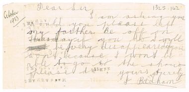 Document - BADHAM COLLECTION: NOTE FROM J BADHAM'S DAUGHTER REQUESTING TIME OFF FOR HER FATHER