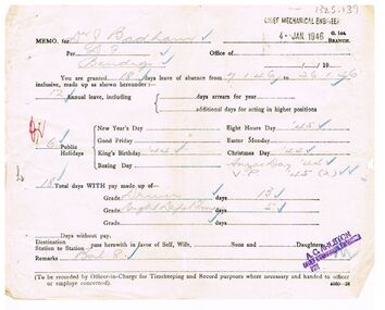 Document - BADHAM COLLECTION: VICTORIAN RAILWAYS PAY INCREASE SLIP DATED 4.1.46 PAPER MEMO