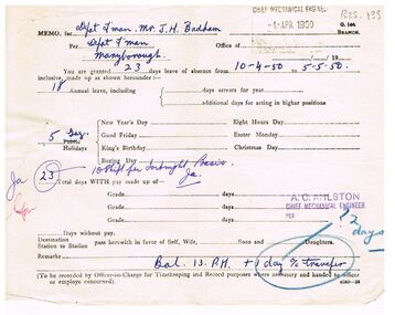 Document - BADHAM COLLECTION: VICTORIAN RAILWAYS PAY INCREASE SLIP DATED 4.4.50 PAPER MEMO, 04/04/1950