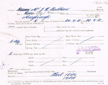 Document - BADHAM COLLECTION: VICTORIAN RAILWAYS PAY INCREASE SLIP DATED 18.9.51 PAPER MEMO