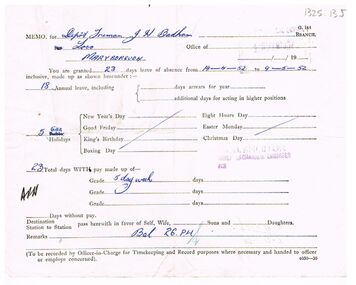Document - BADHAM COLLECTION: VICTORIAN RAILWAYS PAY INCREASE SLIP DATED4.4.52 PAPER MEMO