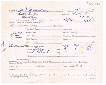 Document - BADHAM COLLECTION: VICTORIAN RAILWAYS ANNUAL LEAVE FORM DATED 17.7.1958