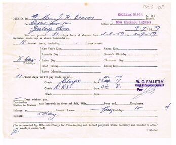 Document - BADHAM COLLECTION: VICTORIAN RAILWAYS ANNUAL LEAVE FORM DATED 9.7.1959, 09/07/1959