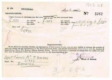 Document - BADHAM COLLECTION: VICTORIAN RAILWAYS PAY INCREASE SLIP DATED 16.6.1955