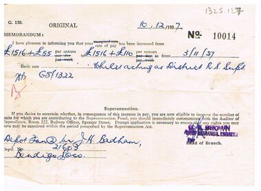 Document - BADHAM COLLECTION: VICTORIAN RAILWAYS PAY INCREASE SLIP DATED 10.12.1957, 10/12/1957