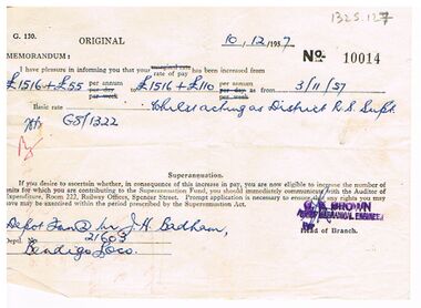 Document - BADHAM COLLECTION: VICTORIAN RAILWAYS PAY INCREASE SLIP DATED 10.12.1957, 10/12/1957
