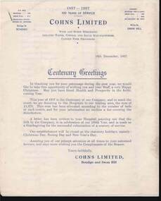 Document - COHN BROTHERS COLLECTION: CENTENARY GREETINGS 18 DEC 1957