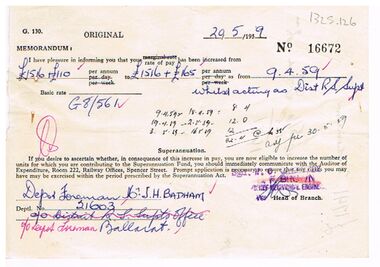 Document - BADHAM COLLECTION: VICTORIAN RAILWAYS PAY INCREASE SLIP, 20/05/1959