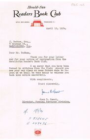 Document - BADHAM COLLECTION: HERALD SUN READERS BOOK CLUB RESIGNATION LETTER, 12/04/1954