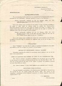 Document - BADHAM COLLECTION: VICTORIAN RAILWAYS SUPERANNUATION BENEFITS INFORMATION DATED 12.12.1925, 12/12/1925