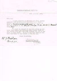 Document - BADHAM COLLECTION: VICTORIAN RAILWAYS INSTITUTE MEMO RE PRIZE