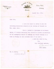 Document - JOSEPH DAVIES COLLECTION: LETTER FROM BOROUGH OF COBURG, 09/08/1909