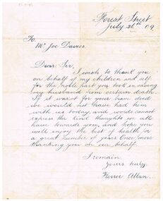 Document - JOSEPH DAVIES COLLECTION: LETTER FROM FLORRIE ALLAN, 26/07/1909