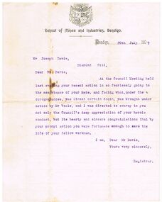 Document - JOSEPH DAVIES COLLECTION: LETTER FORM SCHOOL OF MINES AND INDUSTRIES, BENDIGO, 20/07/1909