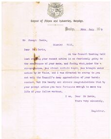 Document - JOSEPH DAVIES COLLECTION: LETTER FORM SCHOOL OF MINES AND INDUSTRIES, BENDIGO, 20/07/1909