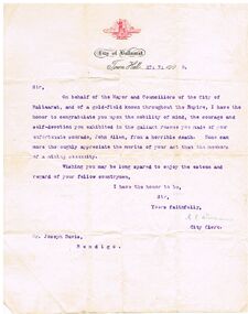 Document - JOSEPH DAVIES COLLECTION: LETTER  FROM CITY OF BALLAARAT, 27/07/1909