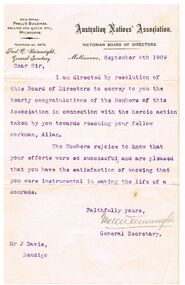 Document - JOSEPH DAVIES COLLECTION: LETTER AUSTRALIAN NATIVES' ASSOCIATION, 08/09/1909