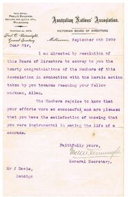 Document - JOSEPH DAVIES COLLECTION: LETTER AUSTRALIAN NATIVES' ASSOCIATION, 08/09/1909