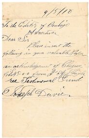 Document - JOSEPH DAVIES COLLECTION: LETTER TO BENDIGO ADVERTISER, 09/05/1910