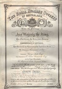 Document - JOSEPH DAVIES COLLECTION: ROYAL HUMANE SOCIETY OF AUSTRALIA AWARD, 16/07/1909