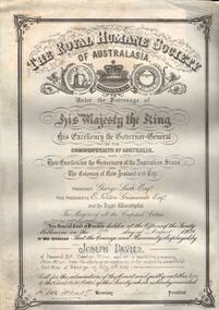 Document - JOSEPH DAVIES COLLECTION: ROYAL HUMANE SOCIETY OF AUSTRALIA AWARD, 16/07/1909