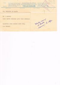 Document - BADHAM COLLECTION: TELEGRAM TO J BADHAM DEPOT FOREMAN LOCO SHED BENALLA