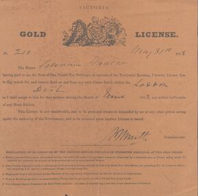 Document - MINER'S RIGHT - GOLD LICENSE NO 210 MINER'S RIGHT NO 20