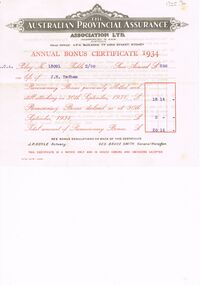 Document - BADHAM COLLECTION: AUSTRALIAN PROVINCIAL ASSURANCE ASSOCIATION LTD BONUS NOTICE