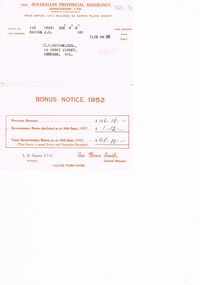 Document - BADHAM COLLECTION: AUSTRALIAN PROVINCIAL ASSURANCE ASSOCIATION LTD BONUS NOTICE