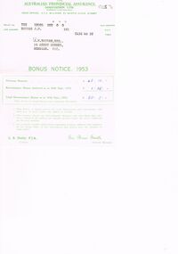 Document - BADHAM COLLECTION: AUSTRALIAN PROVINCIAL ASSURANCE ASSOCIATION LTD BONUS NOTICE