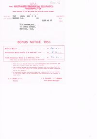 Document - BADHAM COLLECTION: AUSTRALIAN PROVINCIAL ASSURANCE ASSOCIATION LTD BONUS NOTICE