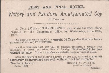 Document - VICTORY AND PANDORA AMALGAMATED COY NO LIABILITY  - CALL NOTICE