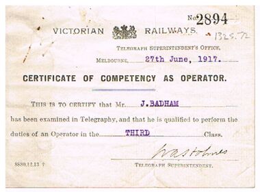 Document - BADHAM COLLECTION: VICTORIAN RAILWAYS CERTIFICATE