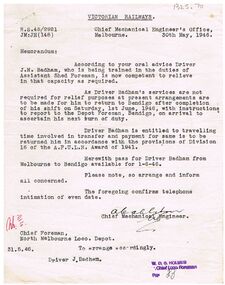 Document - BADHAM COLLECTION: VICTORIAN RAILWAYS MEMO