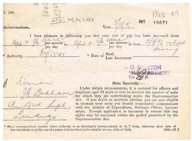 Document - BADHAM COLLECTION: VICTORIAN RAILWAYS NOTIFICATION OF PAY INCREASE