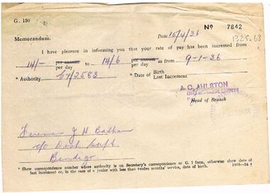 Document - BADHAM COLLECTION: VICTORIAN RAILWAYS NOTIFICATION OF PAY INCREASE