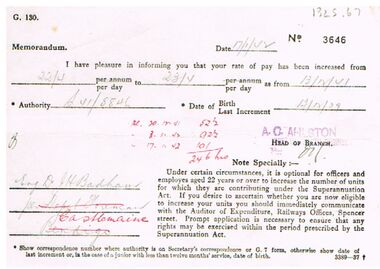 Document - BADHAM COLLECTION: VICTORIAN RAILWAYS NOTIFICATION OF PAY INCREASE