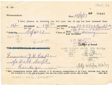 Document - BADHAM COLLECTION: VICTORIAN RAILWAYS NOTIFICATION OF PAY INCREASE