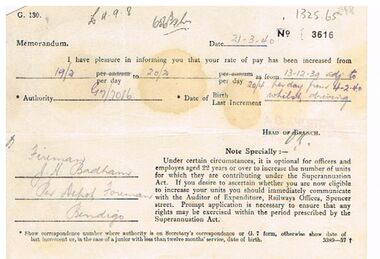 Document - BADHAM COLLECTION: VICTORIAN RAILWAYS NOTIFICATION OF PAY INCREASE