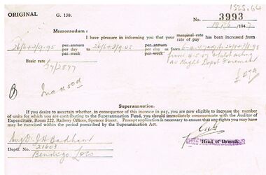 Document - BADHAM COLLECTION: VICTORIAN RAILWAYS NOTIFICATION OF PAY INCREASE