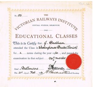 Document - BADHAM COLLECTION: THE VICTORIAN RAILWAYS INSTITUTE CERTIFICATE