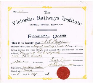 Document - BADHAM COLLECTION: THE VICTORIAN RAILWAYS INSTITUTE CERTIFICATE