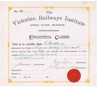 Document - BADHAM COLLECTION: THE VICTORIAN RAILWAYS INSTITUTE CERTIFICATE