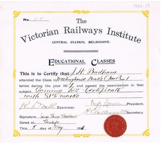 Document - BADHAM COLLECTION: THE VICTORIAN RAILWAYS INSTITUTE CERTIFICATE THE VICTORIAN RAILWAYS INSTITUTE