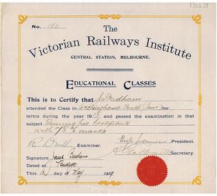 Document - BADHAM COLLECTION: THE VICTORIAN RAILWAYS INSTITUTE CERTIFICATE